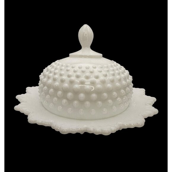 Fenton Hobnail Milk Glass Covered Butter Dish Cheese Dish Round Lidded Tray - Picture 4 of 8